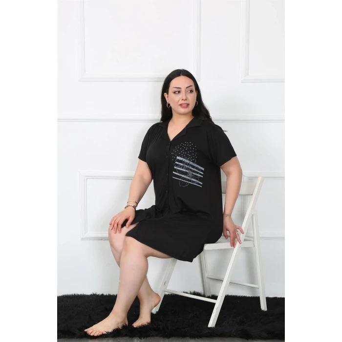 Giyim Büyük Beden Penye Düğmeli Siyah Tunik Gecelik