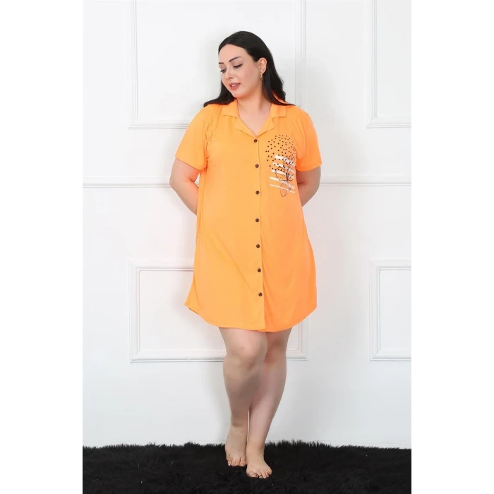 Giyim Büyük Beden Penye Düğmeli Turuncu Tunik Gecelik