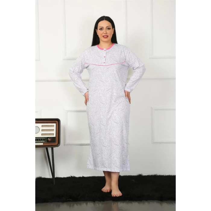 Giyim Büyük Beden Uzun Kol Fuşya Anne Gecelik