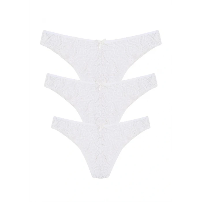 Giyim Dantelli 3lü Tanga Külot Ekru