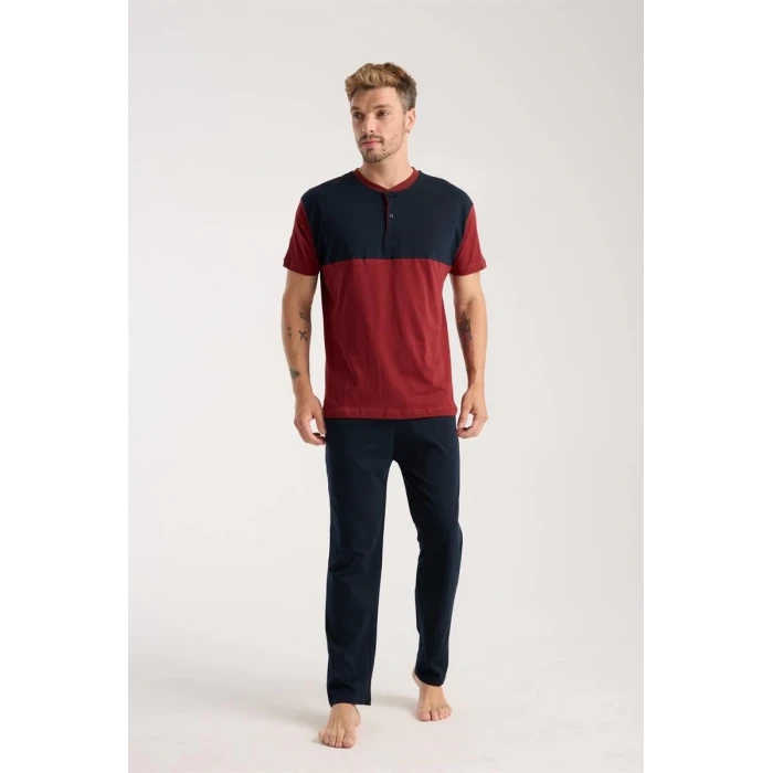 Giyim Erkek Bordo Düğmeli Yaka Kısa Kol Pijama Takımı
