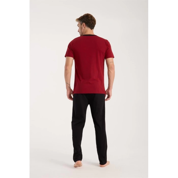 Giyim Erkek Bordo Düğmeli Yaka Kısa Kol Pijama Takımı