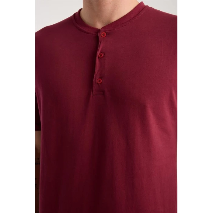 Giyim Erkek Bordo Düğmeli Yaka Kısa Kol Pijama Takımı