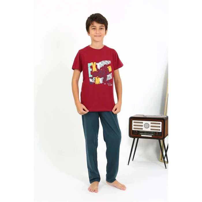 Giyim Erkek Çocuk Kısa Kol Penye Pijama Takım Bordo