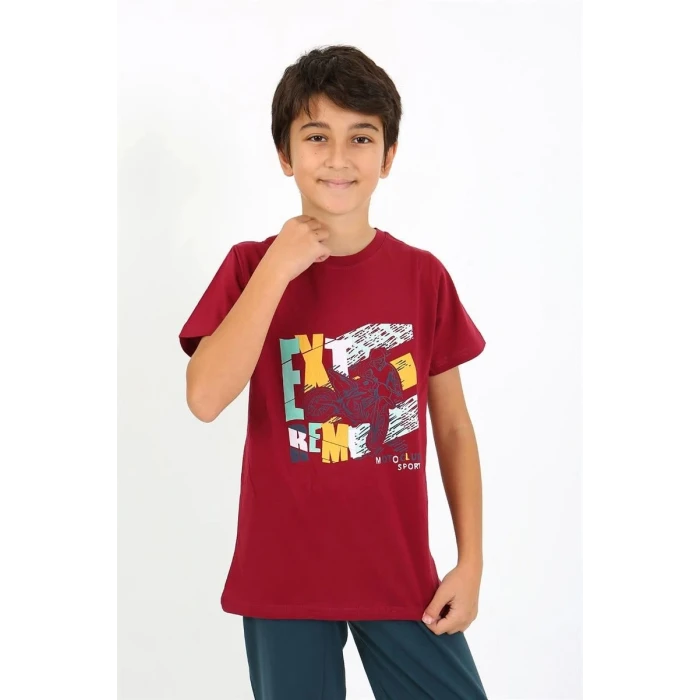 Giyim Erkek Çocuk Kısa Kol Penye Pijama Takım Bordo