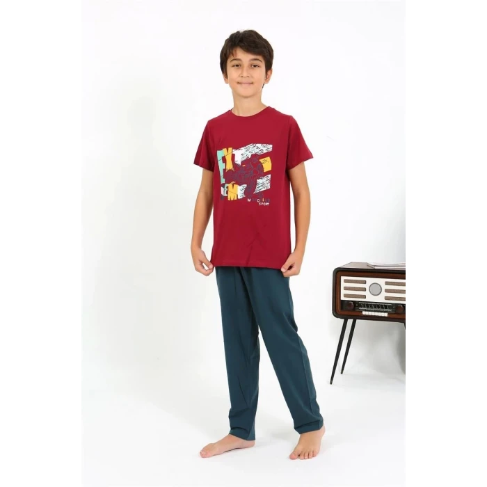 Giyim Erkek Çocuk Kısa Kol Penye Pijama Takım Bordo