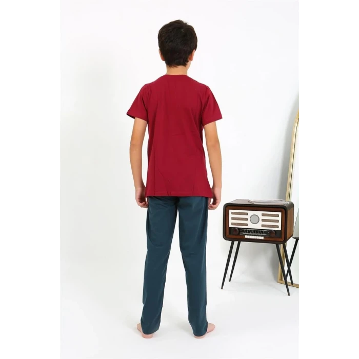 Giyim Erkek Çocuk Kısa Kol Penye Pijama Takım Bordo