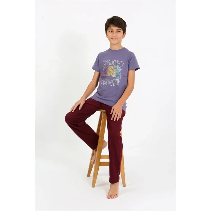 Giyim Erkek Çocuk Kısa Kol Penye Pijama Takım Mor