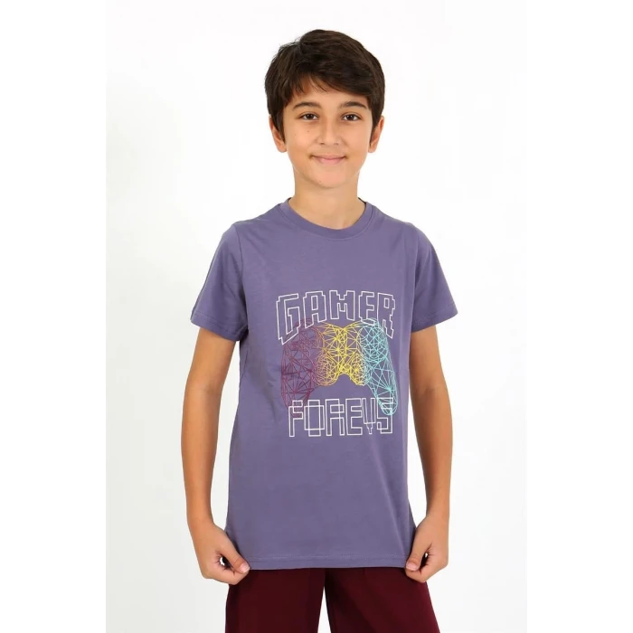 Giyim Erkek Çocuk Kısa Kol Penye Pijama Takım Mor