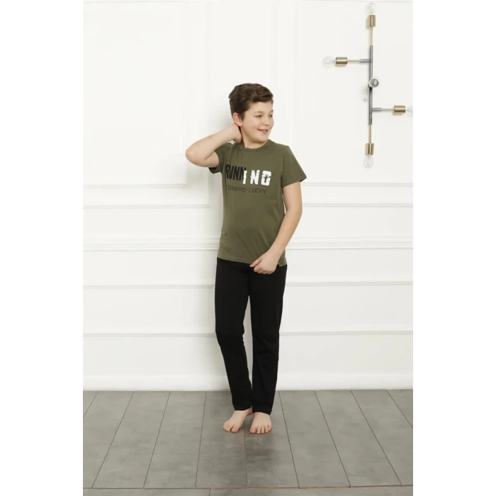 Giyim Erkek Çocuk Pamuk Kısa Kollu Pijama Takımı Haki