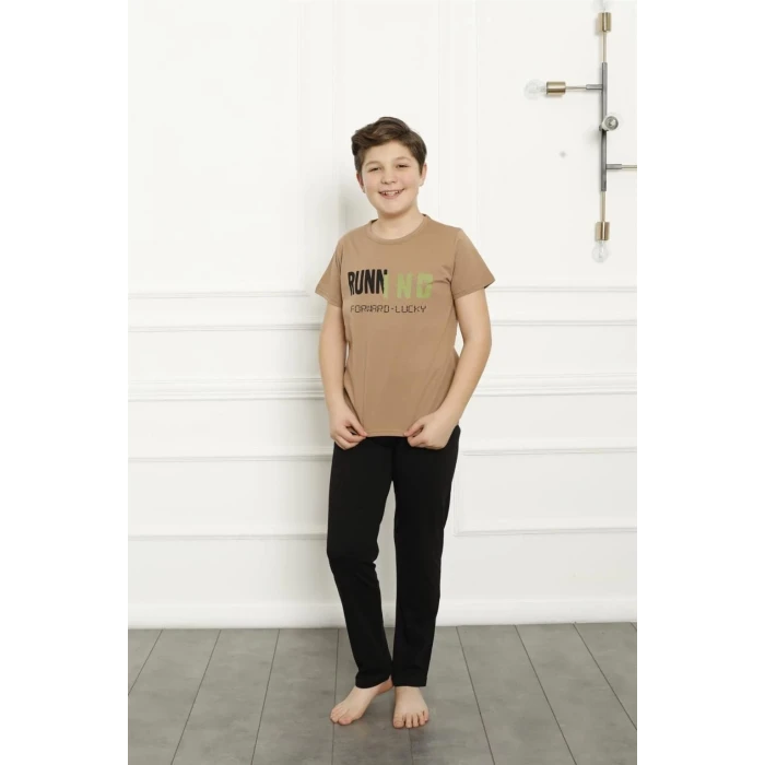 Giyim Erkek Çocuk Pamuk Kısa Kollu Pijama Takımı Kahve