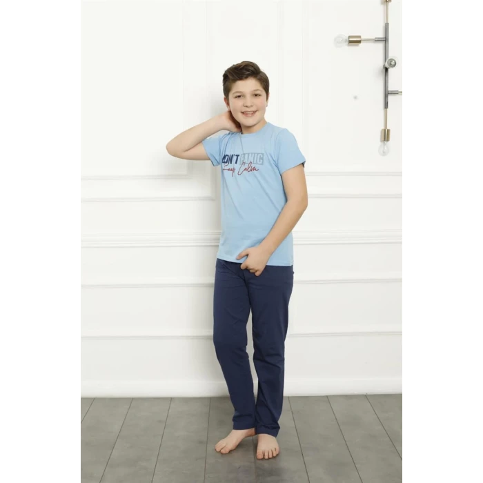 Giyim Erkek Çocuk Pamuk Kısa Kollu Pijama Takımı Mavi