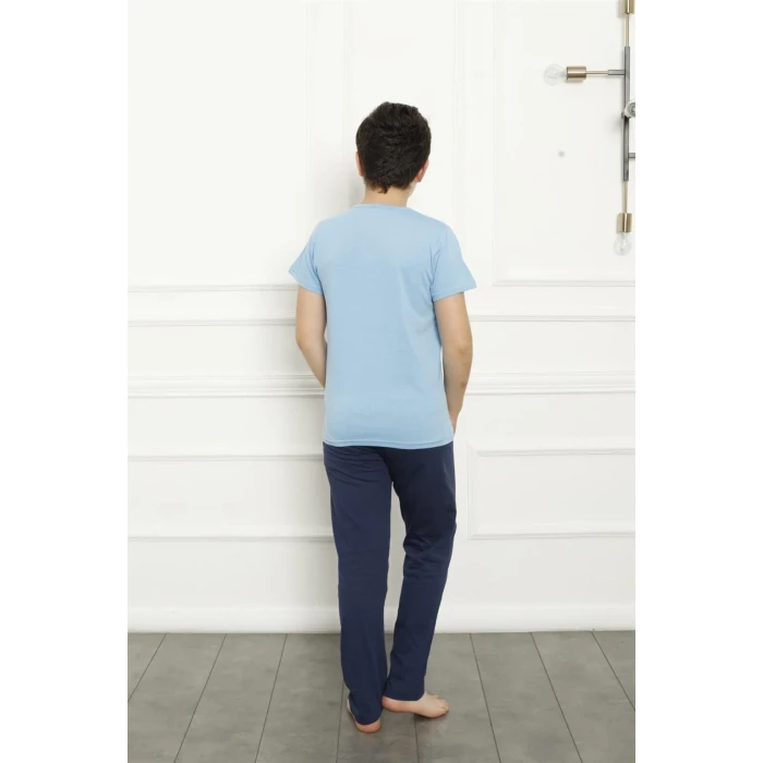 Giyim Erkek Çocuk Pamuk Kısa Kollu Pijama Takımı Mavi