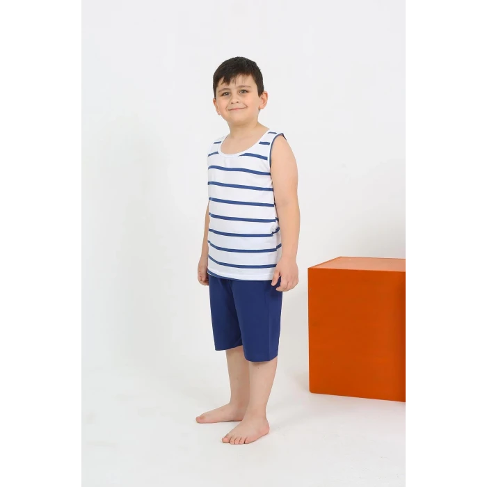 Giyim Erkek Çocuk Sıfır Kol Şortlu Beyaz Penye Pijama Takımı