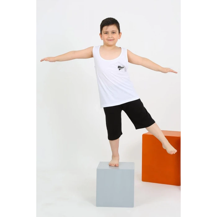 Giyim Erkek Çocuk Sıfır Kol Şortlu Beyaz Penye Pijama Takımı