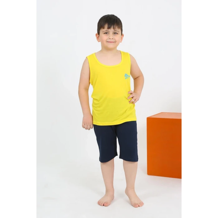 Giyim Erkek Çocuk Sıfır Kol Şortlu Sarı Penye Pijama Takımı