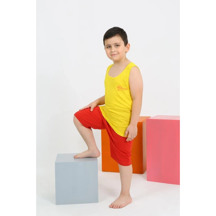 Giyim Erkek Çocuk Sıfır Kol Şortlu Sarı Penye Pijama Takımı