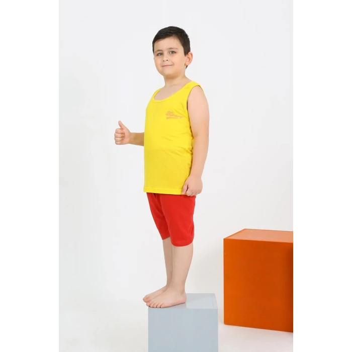 Giyim Erkek Çocuk Sıfır Kol Şortlu Sarı Penye Pijama Takımı