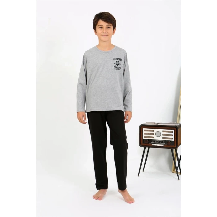 Giyim Erkek Çocuk Uzun Kol Penye Pijama Takım Gri