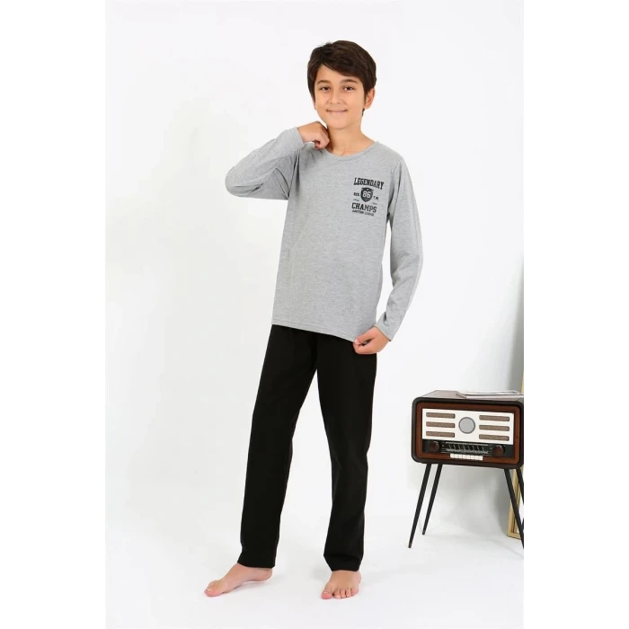 Giyim Erkek Çocuk Uzun Kol Penye Pijama Takım Gri