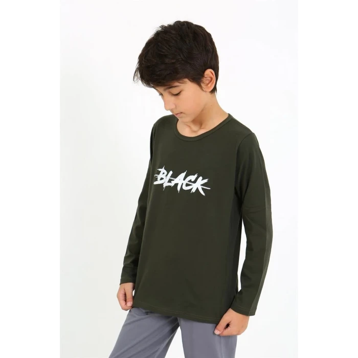 Giyim Erkek Çocuk Uzun Kol Penye Pijama Takım Haki