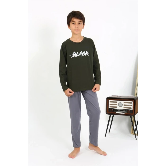 Giyim Erkek Çocuk Uzun Kol Penye Pijama Takım Haki