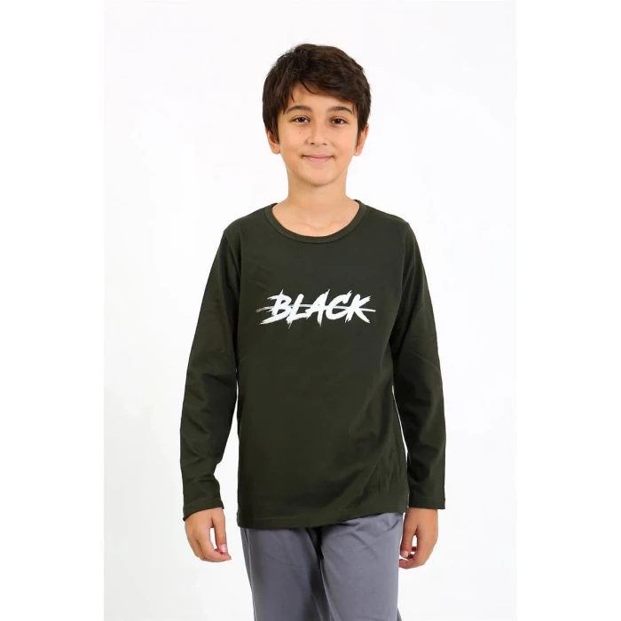 Giyim Erkek Çocuk Uzun Kol Penye Pijama Takım Haki