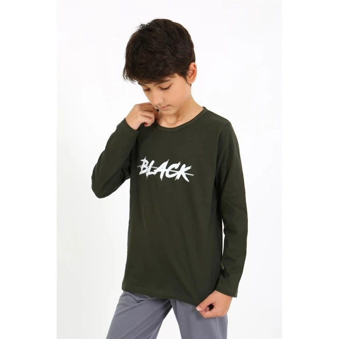 Giyim Erkek Çocuk Uzun Kol Penye Pijama Takım Haki