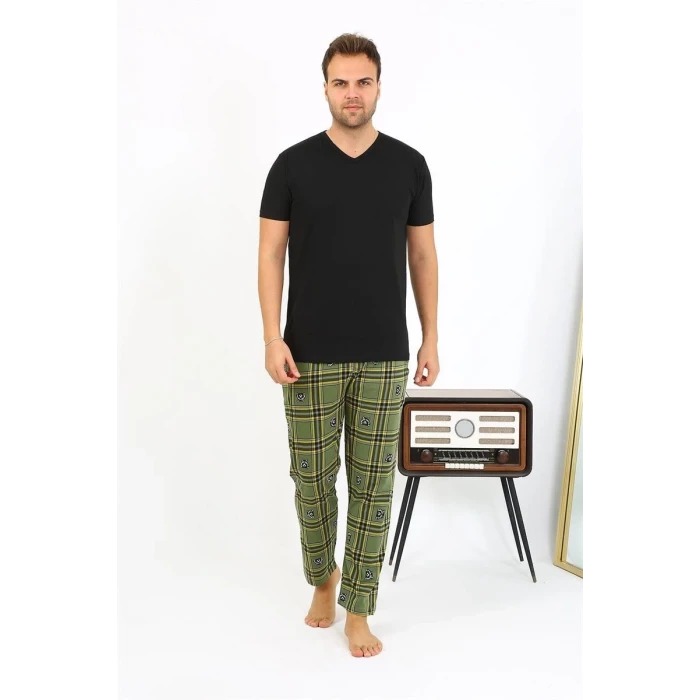 Giyim Erkek Ekoseli Desen Penye Tek Alt Pijama Haki