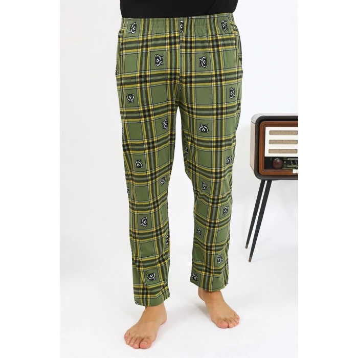 Giyim Erkek Ekoseli Desen Penye Tek Alt Pijama Haki
