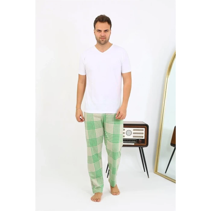 Giyim Erkek Ekoseli Desen Penye Tek Alt Pijama Yeşil
