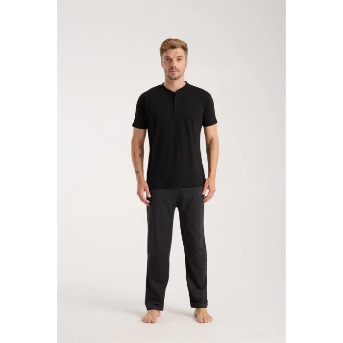 Giyim Erkek Füme Düğmeli Yaka Kısa Kol Pijama Takımı
