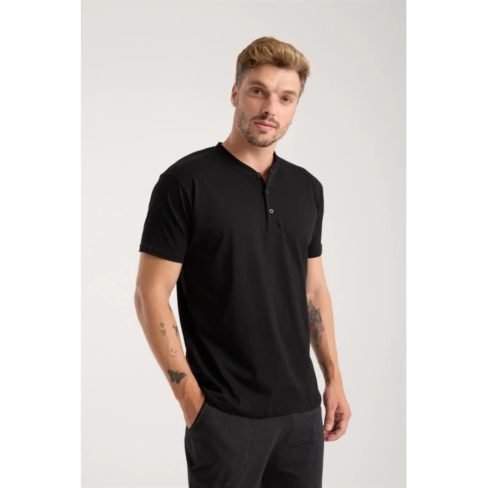 Giyim Erkek Füme Düğmeli Yaka Kısa Kol Pijama Takımı