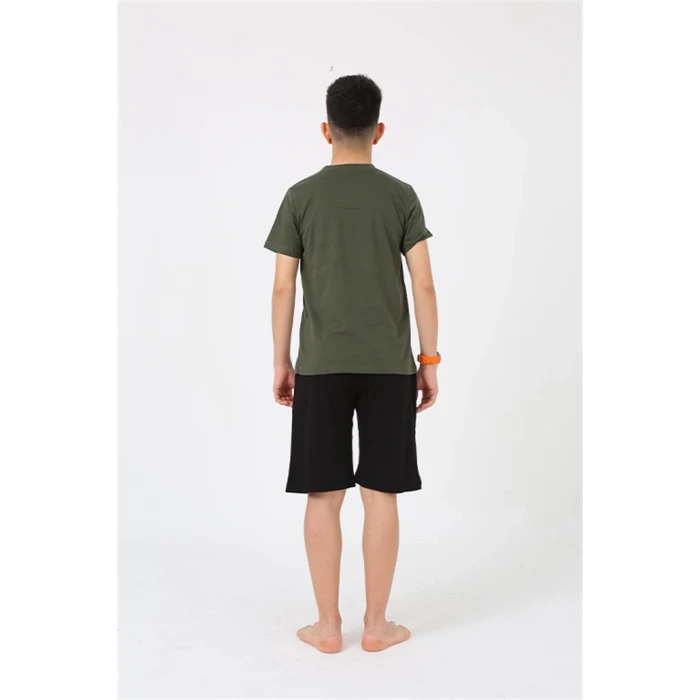 Giyim Erkek Genç Garson Boy Kısa Kol Haki Penye Şortlu Pijama Takımı