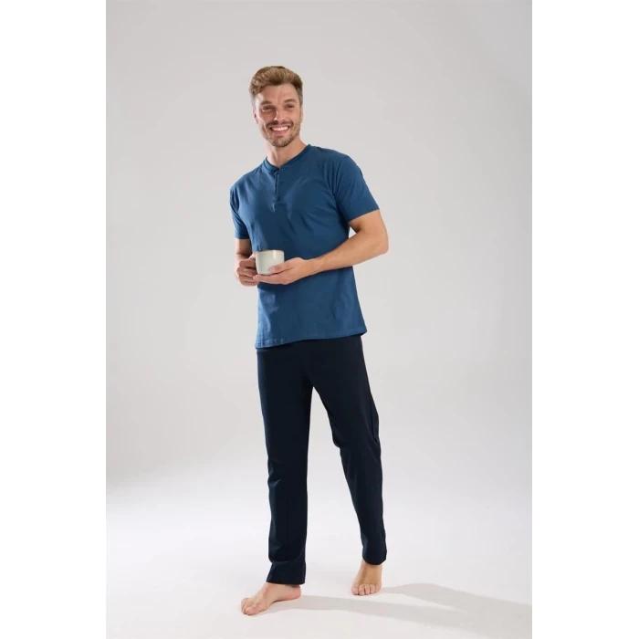 Giyim Erkek İndigo Düğmeli Yaka Kısa Kol Pijama Takımı