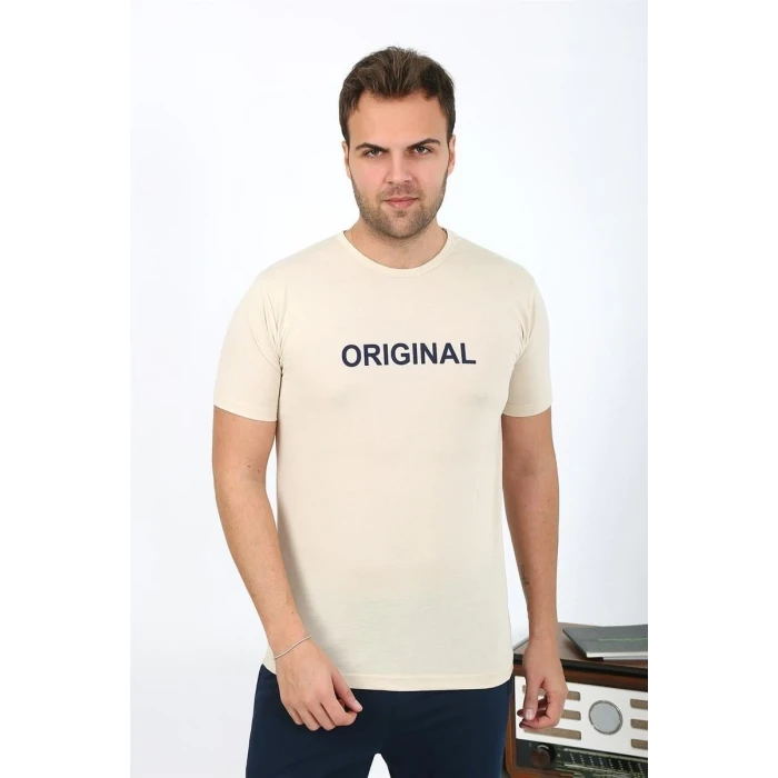 Giyim Erkek Kısa Kol Penye Pijama Takımı Krem