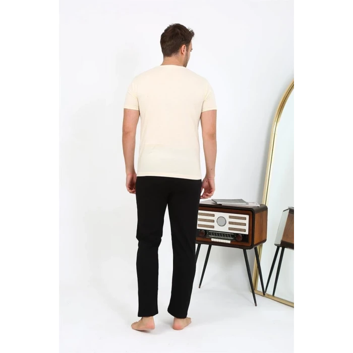 Giyim Erkek Kısa Kol Penye Pijama Takımı Krem