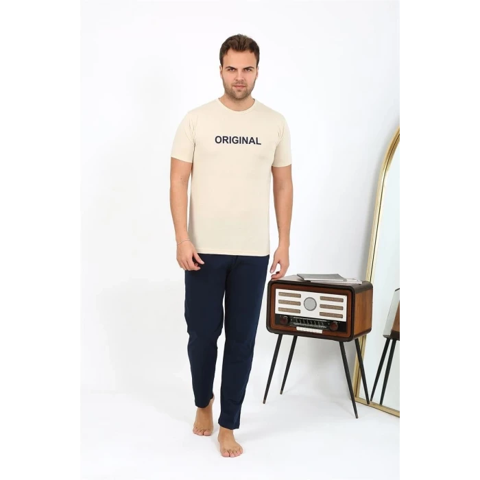 Giyim Erkek Kısa Kol Penye Pijama Takımı Krem