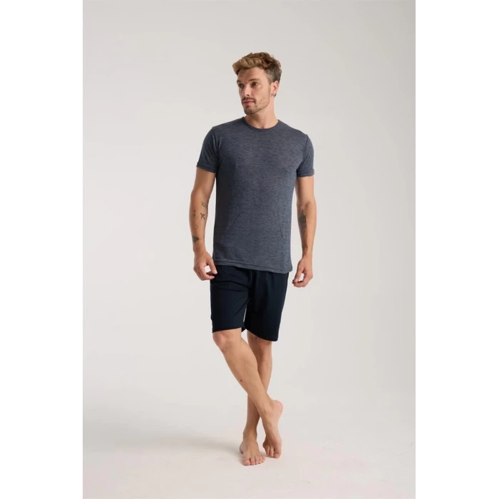 Giyim Erkek Lacivert Sıfır Yaka Kısa Kol Şortlu Pijama Takımı