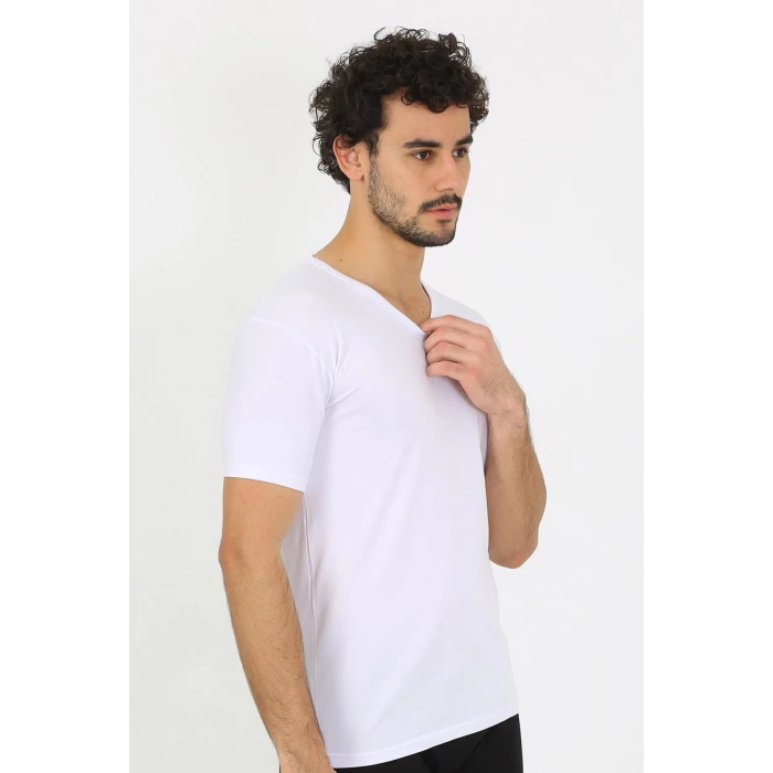 Giyim Erkek Likralı V Yaka Beyaz T-Shirt