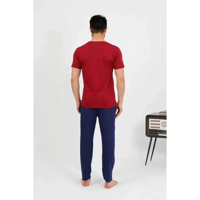 Giyim Erkek Pamuk Kısa Kol Pijama Takım Bordo