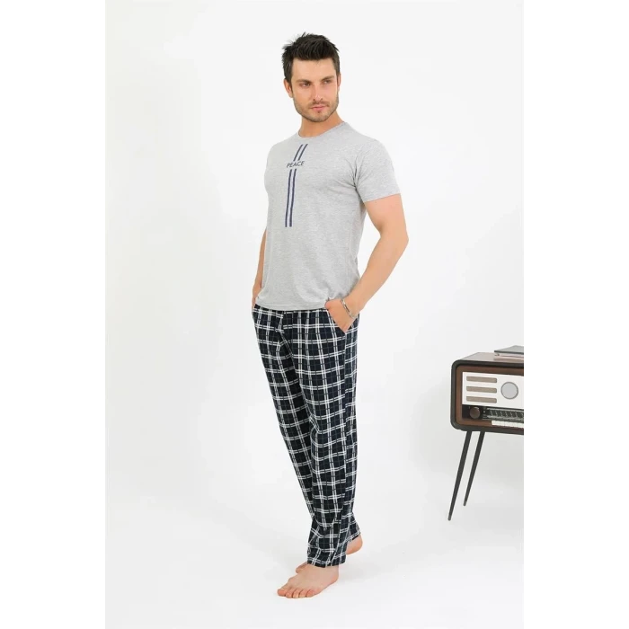 Giyim Erkek Pamuk Kısa Kol Pijama Takım Gri