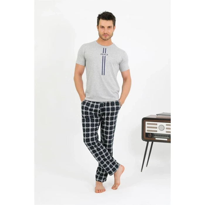 Giyim Erkek Pamuk Kısa Kol Pijama Takım Gri