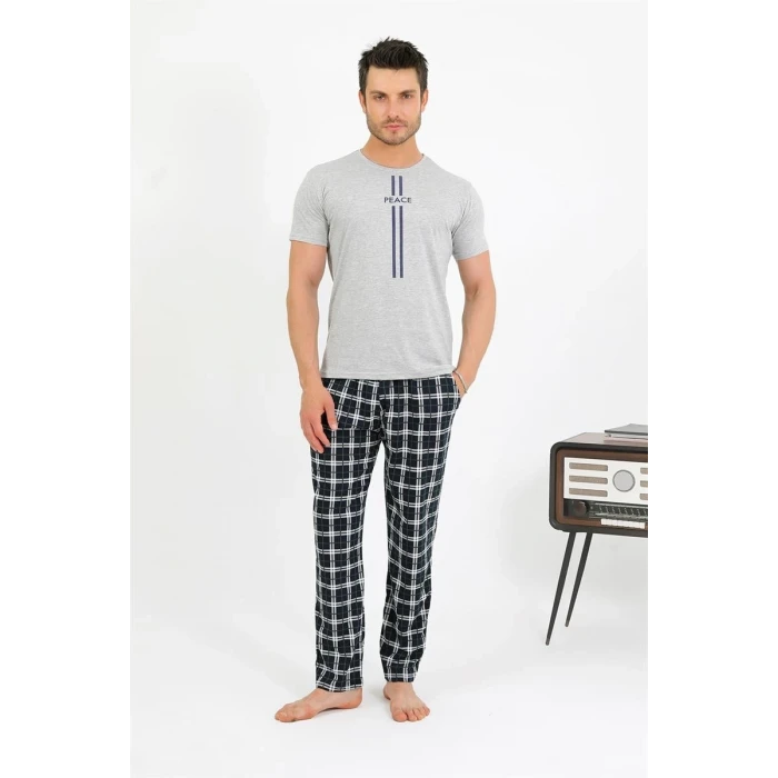 Giyim Erkek Pamuk Kısa Kol Pijama Takım Gri