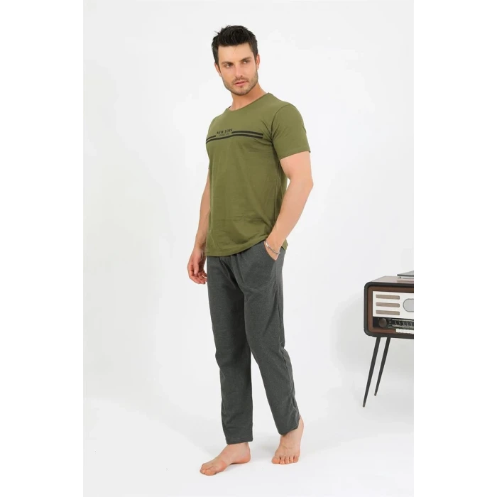 Giyim Erkek Pamuk Kısa Kol Pijama Takım Haki