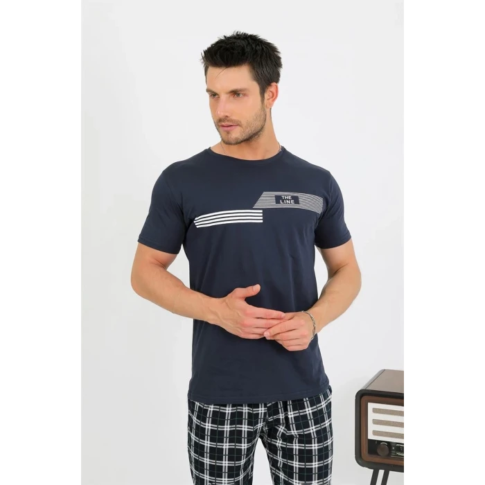 Giyim Erkek Pamuk Kısa Kol Pijama Takım Lacivert