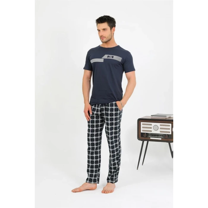 Giyim Erkek Pamuk Kısa Kol Pijama Takım Lacivert