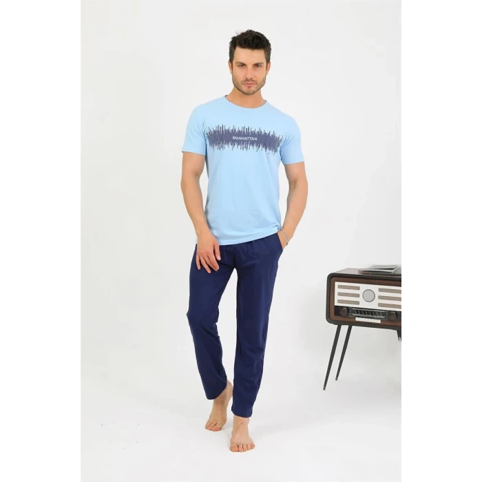 Giyim Erkek Pamuk Kısa Kol Pijama Takım Mavi