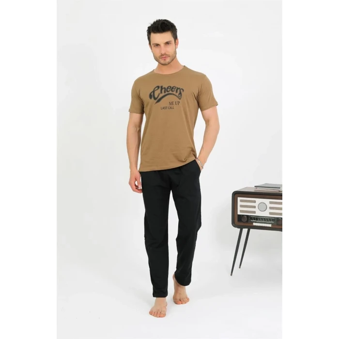 Giyim Erkek Pamuk Kısa Kol Pijama Takım Vizon