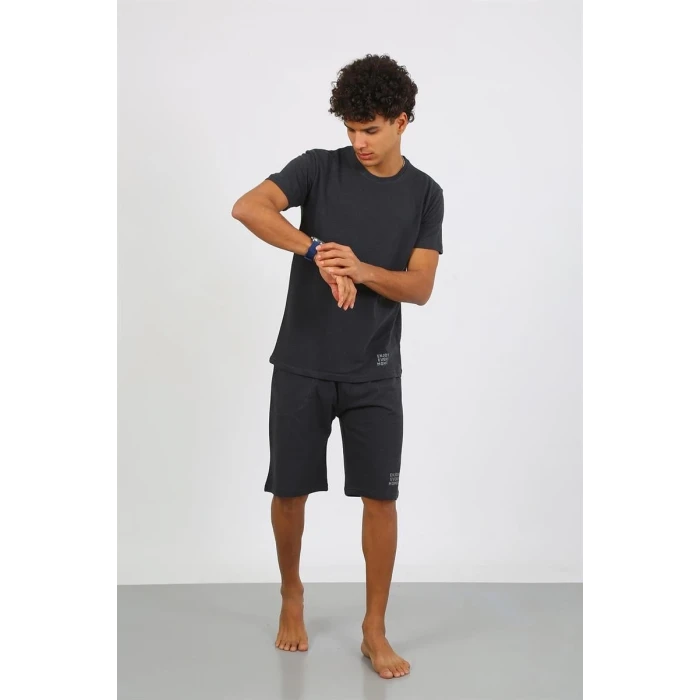 Giyim Erkek Pamuk Lakost Alt Üst Kaprili Pijama Takım Füme